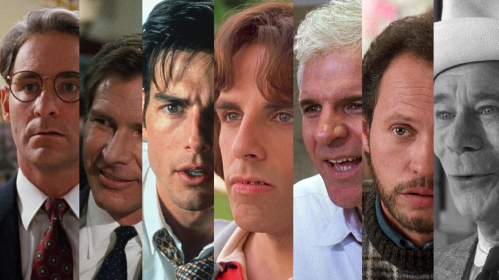 Kevin Kline, Harrison Ford, Tom Cruise, Ben Stiller, Steve Martin, Billy Crystal i Jack Lemmon w filmie "Komedia romantyczna" (reż. Elizabeth Sankey, 2019)
