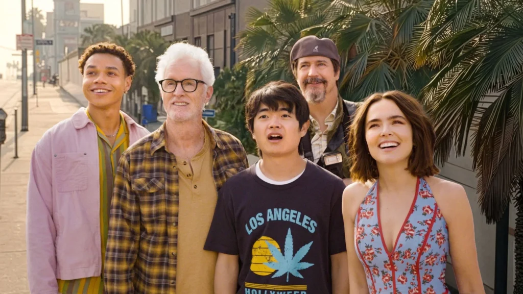 Miles Gutierrez-Riley, John Slattery, Ben Wang, Ken Marino i Zoey Deutch w filmie "Gail Daughtry i przepustka na seks z gwiazdą" (reż. David Wain, 2026)